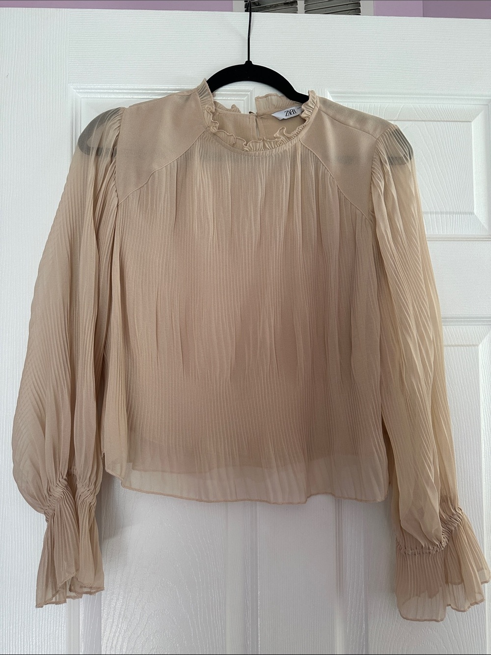ZARA Beige Pleated Ruffle-Neck Long-Sleeve Blouse